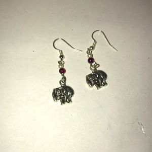 Silver red and pearl white elephant earrings